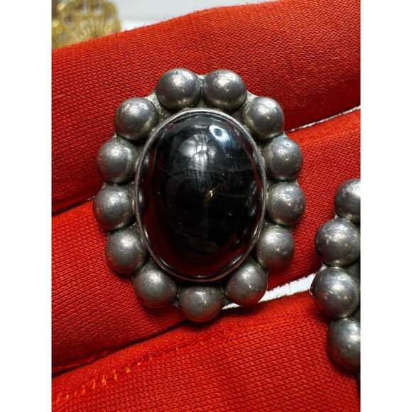 Mexican Sterling Silver Taxco Mexico Cabochon Onyx Oval Stud Earrings Modernist - Picture 7 of 10